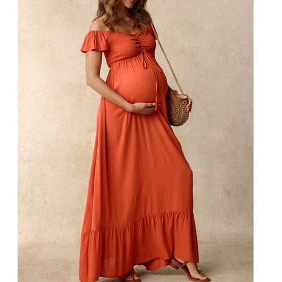 Boho Orange Off Shoulder Smocked High Waisted Maxi Dress - Picture 1 of 6